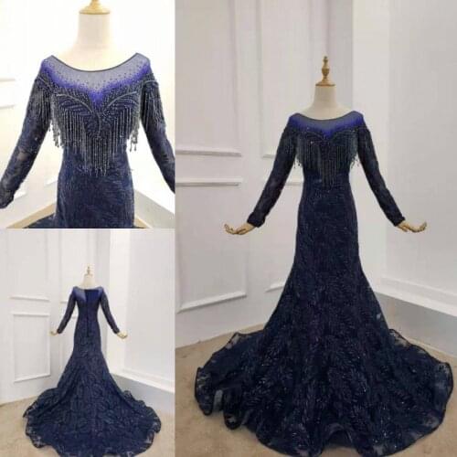 Gorgeous Long Sleeves Dark Navy Evening Dresses Illusion Long Sleeves Floral Embroidery with Beading Formal Gowns