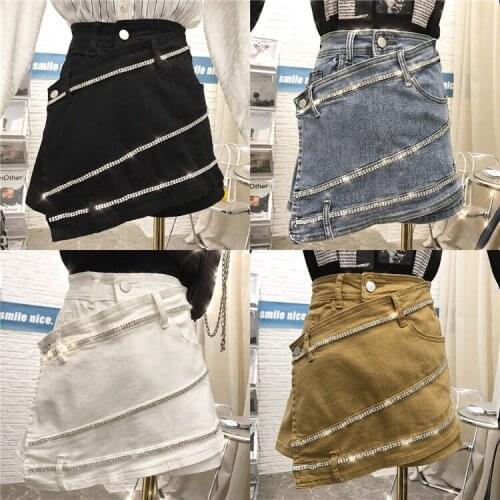 2021 Spring Women Heavy Diamond Irregular Shorts Skirt Streetwear Fashion High Waist Jeans Pantskirt Pantalones Cortos De Mujer