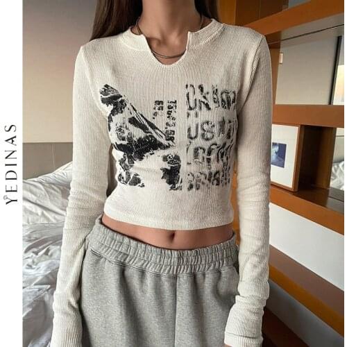 Yedinas Vintage Letter Print Long Sleeve Crop Top Women Sexy Slim Knitted T Shirt Korean Style Chic Grunge Aesthetic Streetwear