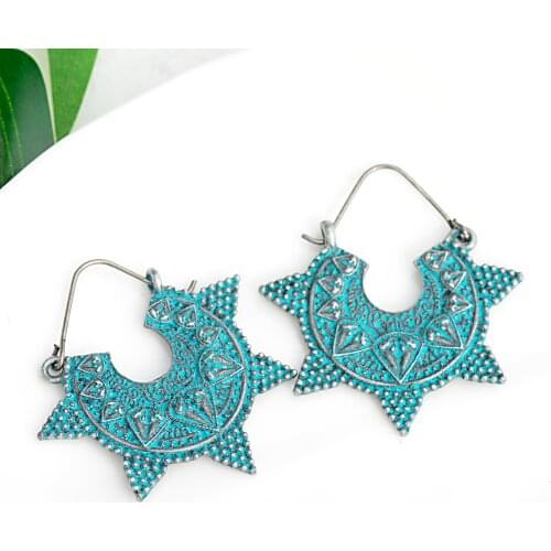 Women Ethnic Geometric Silver Color Drop Earrings Vintage Antique Blue Earings Female Fashion Jewelry Oorbellen HQE724