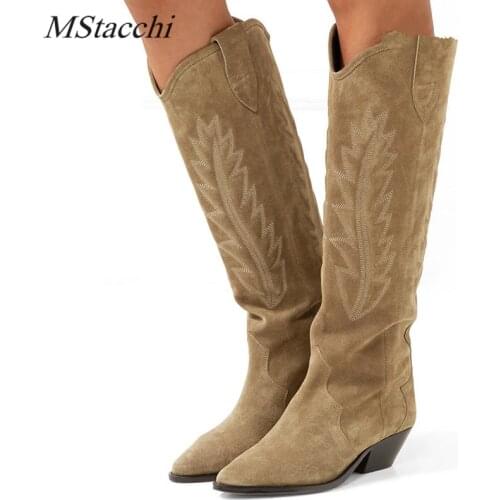 MStacchi Womens High Boots Nude Black Suede Embroidered Knee High Boots Women Sexy Pointed Toe Spike Kitten Heels Knight Boots