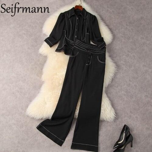 Seifrmann New 2021 Summer Women Fashion Designer Pants Set Long Sleeve Blouses + High Waist Print Long Pants 2 Two Pieces Suits