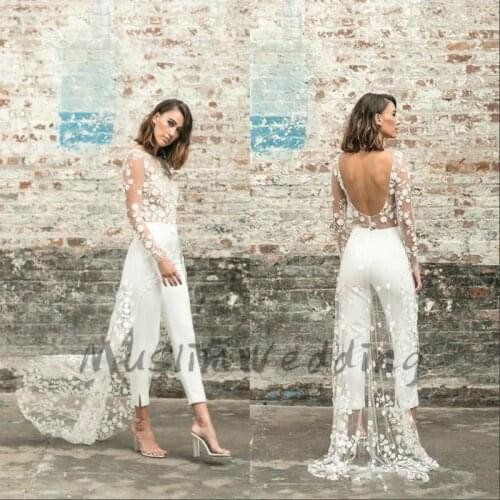 Hot Trend 2020 Jumpsuit Prom Dresses WIth Lace Train Sexy Backless Long Sleeve Evening Dress Elegant Pant Suit Graduation Dress