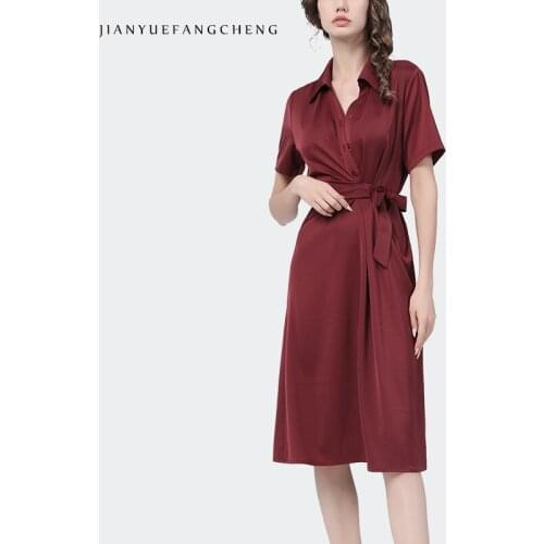 Elegant Wine Red Satin Dress Women 2021 Summer New Short Sleeve Turn-Down Collar Mid-Length Shirt Dresses Office Ladies Clothing