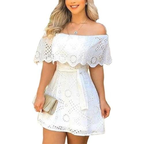 Womens new white temperament short dress 2021 one-shoulder waist tie Lace Mini Dress