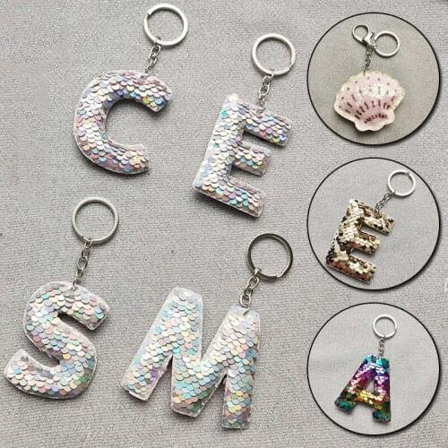 Glitter Sequins English Letter Keychain Cute Shell Shaped Key Chains For Women Car Bag Hanging Pendant Keyring Holder Gifts
