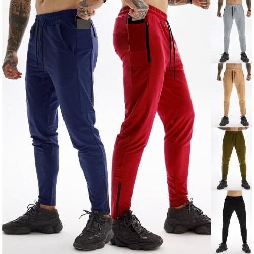 Men Solid Casual Ankle-Length Trousers Male Elastic Waist Cuffed Feet Tapered Zipper Long Pants Fit for Running Climbing M-XXL
