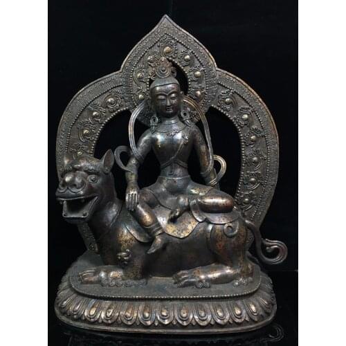 Home Decor 21" Tibet Buddhism Temple Old Bronze Cinnabars Manjushri Buddha Statue Green Tara Riding Beast Enshrine the Buddha