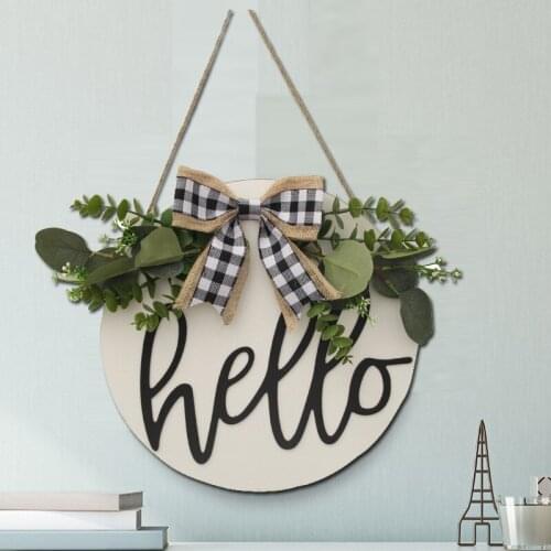 Door Welcome Wreath Hanging Ornament Round Wooden Pendant Hello Door Decor Sign Artificial Flower Garland Home DIY Decoration
