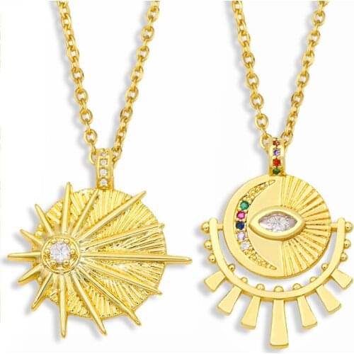 FLOLA Turkish Evil Eye Necklace For Women White Stone Sun And Moon Pendant Necklace CZ Zirconia Female Party Jewelry Gift nkes83