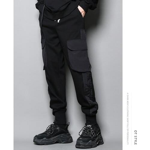 Dark Department personalized large size design sense splicing casual pants nine point Leggings mens fashion Korean sports Leggi