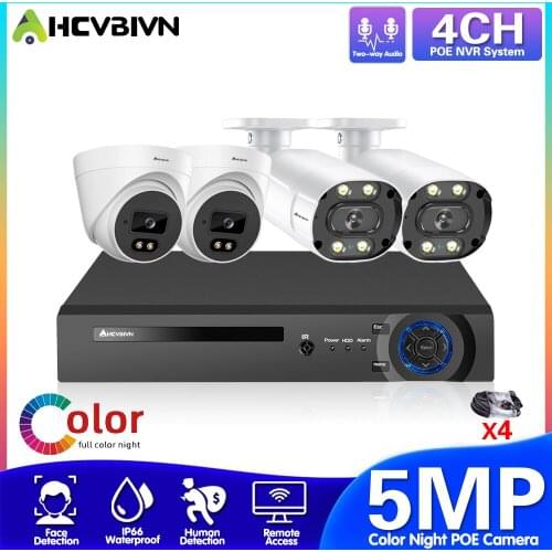 H.265 Video Surveillance POE IP Camera Kit Outdoor Waterproof Two-way Audio 5MP CCTV Camera Security System Set 4CH NVR POE Kit