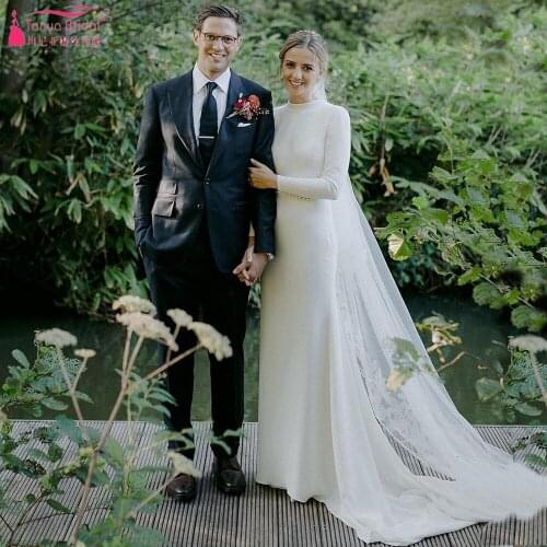 Muslim Long Seeve Wedding Dresses High Neck Simple Bridal Gowns Mermaid Robe De Soriee ZW428