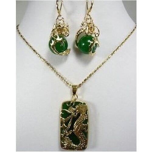 FREE SHIPPING>>@> Jewelry Fashion New Green stone Dragon Pendant necklace earring set For Women Natural jewelry