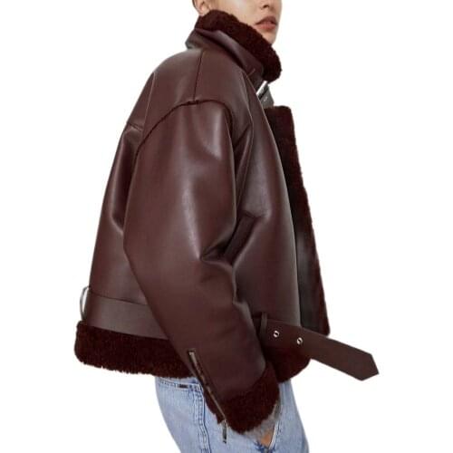 2021 New Women Winter High Street Thick Faux Leather Fur Sheepskin Coats Ladies Motorcycle Warm Slim Fit Wine Red Belt Jackets