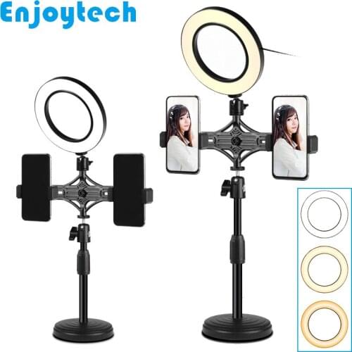 New Mini Tabletop Tripod with Dual Holders LED Ring Flash Light Lamps for Mobile phones Mounts Holder Monopod for Video Bloggers