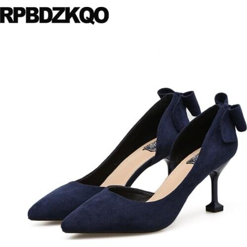 Office Stiletto Elegant 2018 Cheap Women High Heels Black Shoes D'orsay Navy Blue Pumps Suede Sexy Pointed Toe Size 4 34 3 Inch