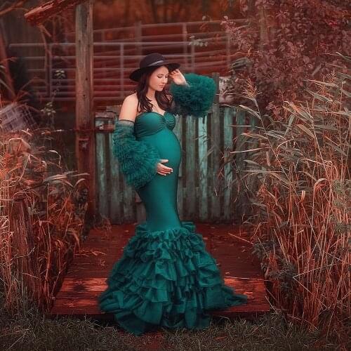 Hunter Green Maternity Dress with Ruffles Maternity Gown for Photoshoot Boudoir Lingerie Bathrobe Nightwear Babydoll Robes
