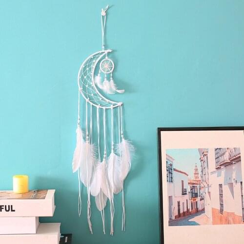 Hand-woven Dream Catcher Pendant Creative Moon Shape Feather Hanging Home Decor Wind Chimes Tanabata Birthday Graduation Gift