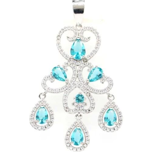 65x18mm Luxury Long Big Iolite CZ Women Wedding 925 Sterling Silver Pendant