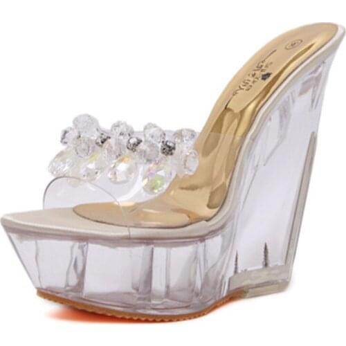 14 cm crystal wedge heel slippers, female waterproof platform anti-slip thick bottom sexy ultra high heel one word cool slippers