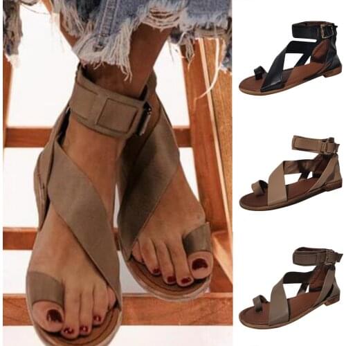 Summer Women Roman Flat Sandals Solid Color Pu Beach Shoes Open Toe Ankle Strap Big Size Flip Flops Sandalias De Las Mujeres