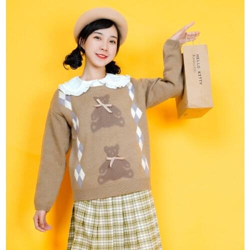 Cute Bear Womens Knitted Sweater O-neck Pullovers Long Sleeve Fall Loose Sweaters Cute Girls Student Brown