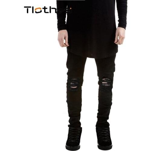 Streetwear Solid Biker Jeans Men Stretch Slim Fit Ripped Skinny Motorcycle Denim Pants Trousers Street Denim Pants Mens Clothing