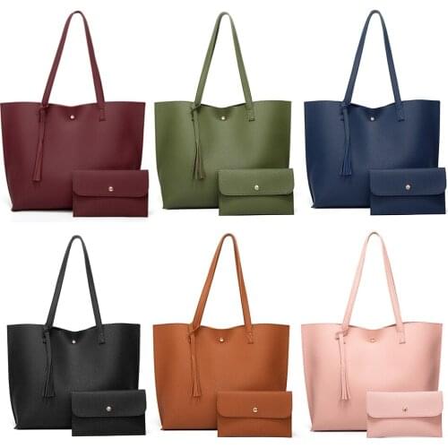 Womens Bag Fashion Tassel Shoulder Shopper Bag Casual Ladies Large Capacity PU Solid Color Tote Handbags 2pcs Composite Bags