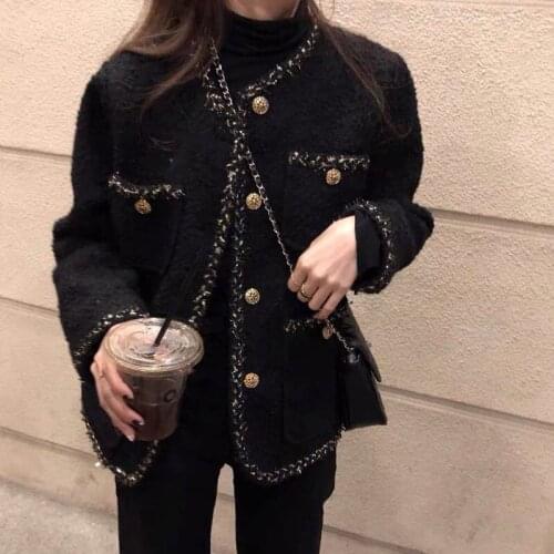 Casual Female Black Tweed Jacket Coat Women Outerwear Coats Channel Style Suit Cropped Stripeed Kawaii Round Neck Jacket