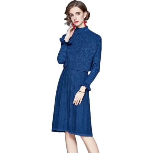 2021 New Autumn Runway Knitted 2 Piece Set Dress Designer Winter Women Warm Pullover Sweater Cappa Coat+Mini Knit Dress Suits