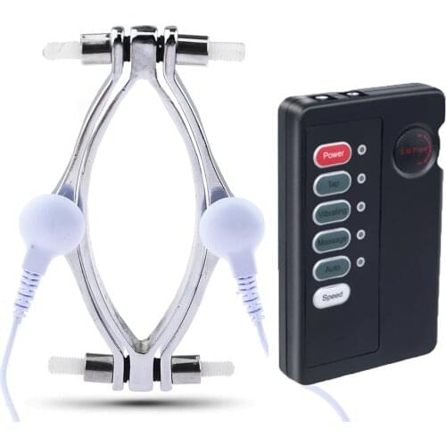 Female Labia Clamp Electric Shock Pussy Metal Clamps Vaginal Hollow Peek Adult Game SM Bondage Clitoris Torture Women Sex Toys