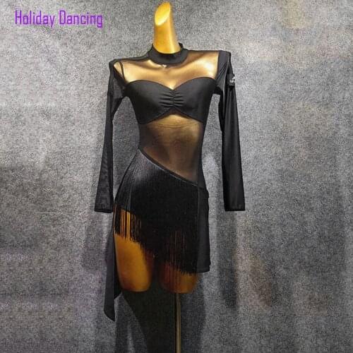 Women Latin Dance Dress Long Sleeve Tassel Patchwork Dancing Practise Cloth Samba Tango Chacha Dancing Performamnce LW446