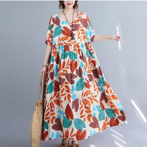 Print Leaf Thin Soft Cotton Linen Loose Summer Dress Plus Size 5XL 6XL Oversized Dress Holiday Travel Casual Women Beach Dress