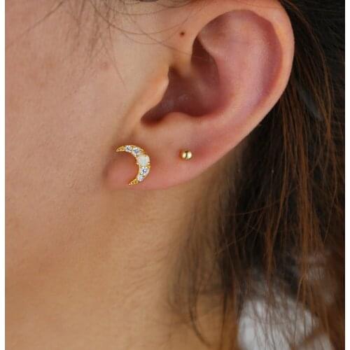 Gold Vermeil stud 925 Sterling Silver jewelry cz opal paved tiny moon star cute lovely stud earring