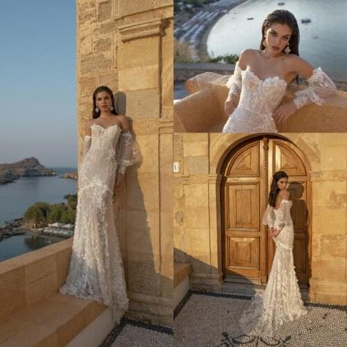 2020 Mermaid Wedding Dresses With Detachable Long Sleeve Appliqued Lace Bridal Gowns Sweep Train Modest Robe De Mariée