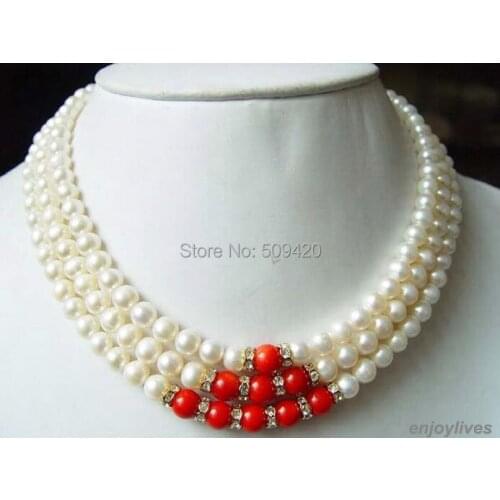 3 Rows Genuine White Pearl Red Coral Yellow - Crystal Necklace