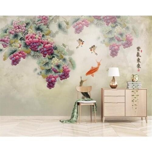 Beibehang Custom bedroom living room wall wallpaper Hand painted Harvest purple fragrance grapes goldfish bird 3d wallpaper