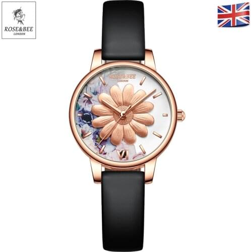 Chrysanthemum Flowers Garden Fashion Ladies Wristwatches Black Leather Rose Gold Case Japan Quartz Wrist Watches for Women