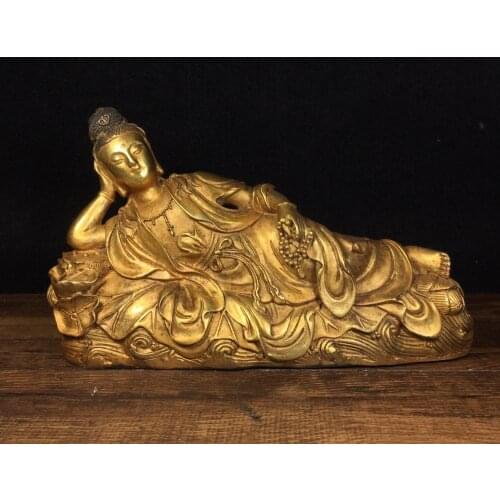 Home Decor 11" Tibet Buddhism Temple Old Bronze Gilt Sleeping Guanyin Guanyin Bodhisattva Statue Amitabha Enshrine the Buddha
