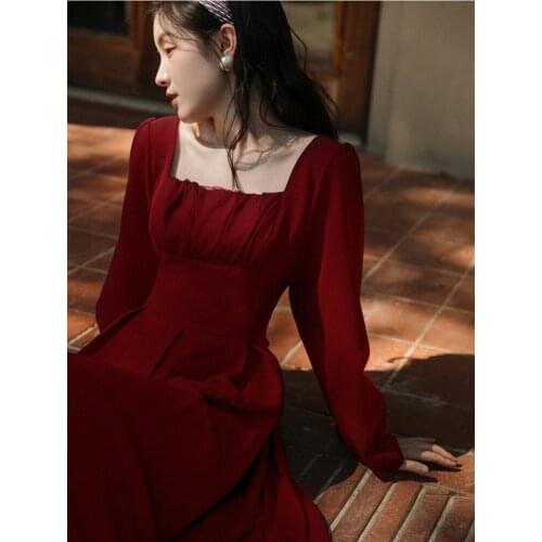 Autumn 2021 Palace Wind Chic Retro Square Neck High-end Dresses Party Temperament Red Bow Tie Elegant and Generous Midi Dress