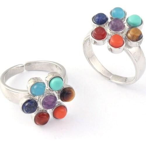 Kraft-beads Silver Plated 7 Colorful Stone Beads Flower Adjustable Healing Chakra Spinner Ring Anniversary Jewelry