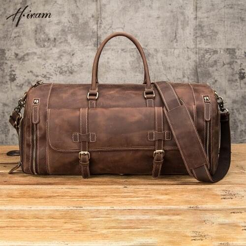 Contacts genuine crazy horse leather vintage men travel bag zipper male Hand Luggage Bag shoulder bags for men duffle bag