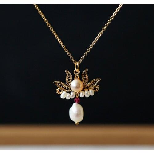 Lotus Flower Shaped Pendant Necklace For Women Yoga Prayer Buddhism Jewelry Pearl Necklace With 14K Gold Planted Sweater Chain