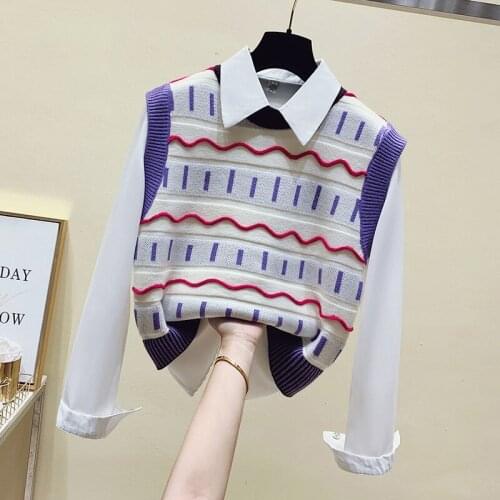 Korean fashion green sweater women knit vest vintage fall winter clothes chaleco mujer colorful patchwork gilet femme cute top