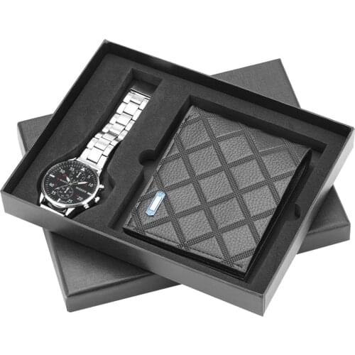 Mens Watches Stainless Steel/Leather Strap Quartz Wristwatch Leather Wallet Gift Set for Boyfriend for Dad