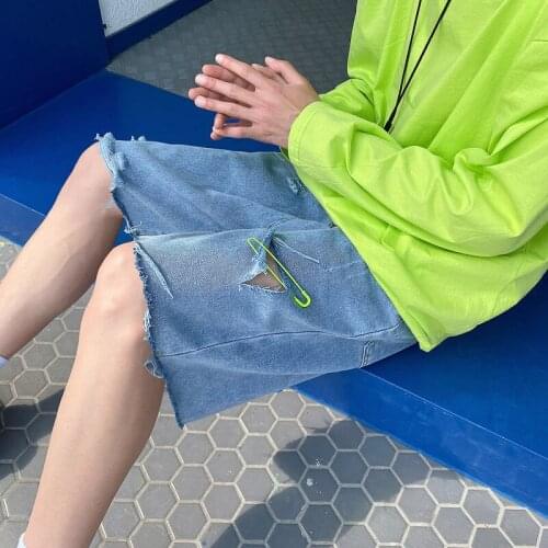 Raw-edge Ripped Jeans Thin Wide-leg Straight Shorts Oversize Trend Brand Japanese Personality Loose Denim 5-point Pants Summer