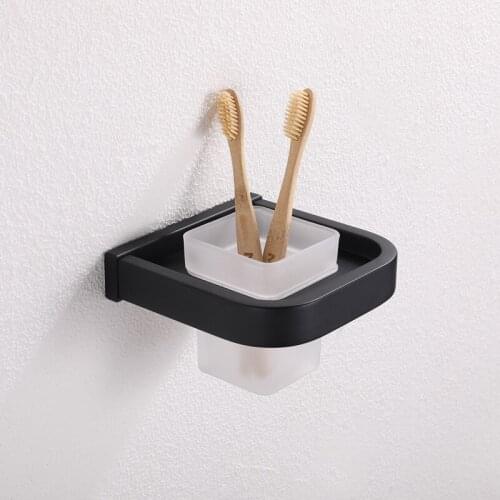 New arrival bathroom black mouthwash cup bathroom single cup set with glass cup brushing cup shelf round corner bathroom hardwar