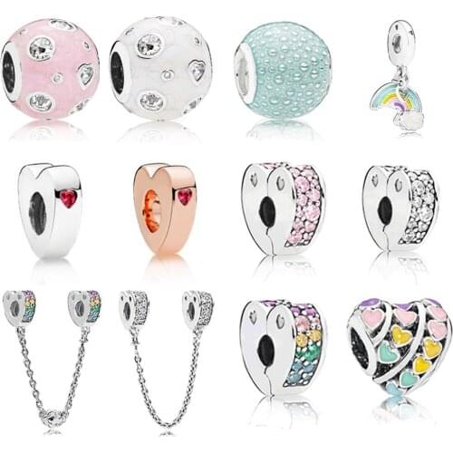 NEW 100% 925 Sterling Silver New Heart-Shaped Zircon Colorful Safety Clip Security Chain Bubble Beaded DIY Bracelet Gift