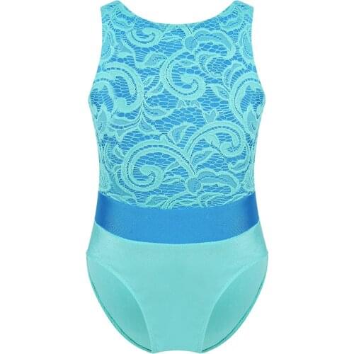 New Kids Girls Dance Costume One Piece Sleeveless Lace Top Bodice Color Block Ballet Dance Gymnastics Leotard Chilrden Jumpsuit